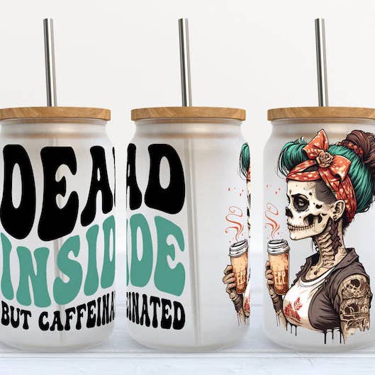 Gobelet en verre Libbey 16 oz « Dead Inside but caféiné » pour la vente par Kate Haven Glass Tumblers for Every Occasion