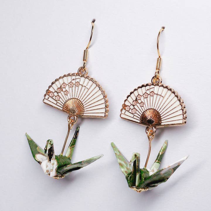 Crane and Fan Earrings for wholesale by Kamyi.Art Origami Designs