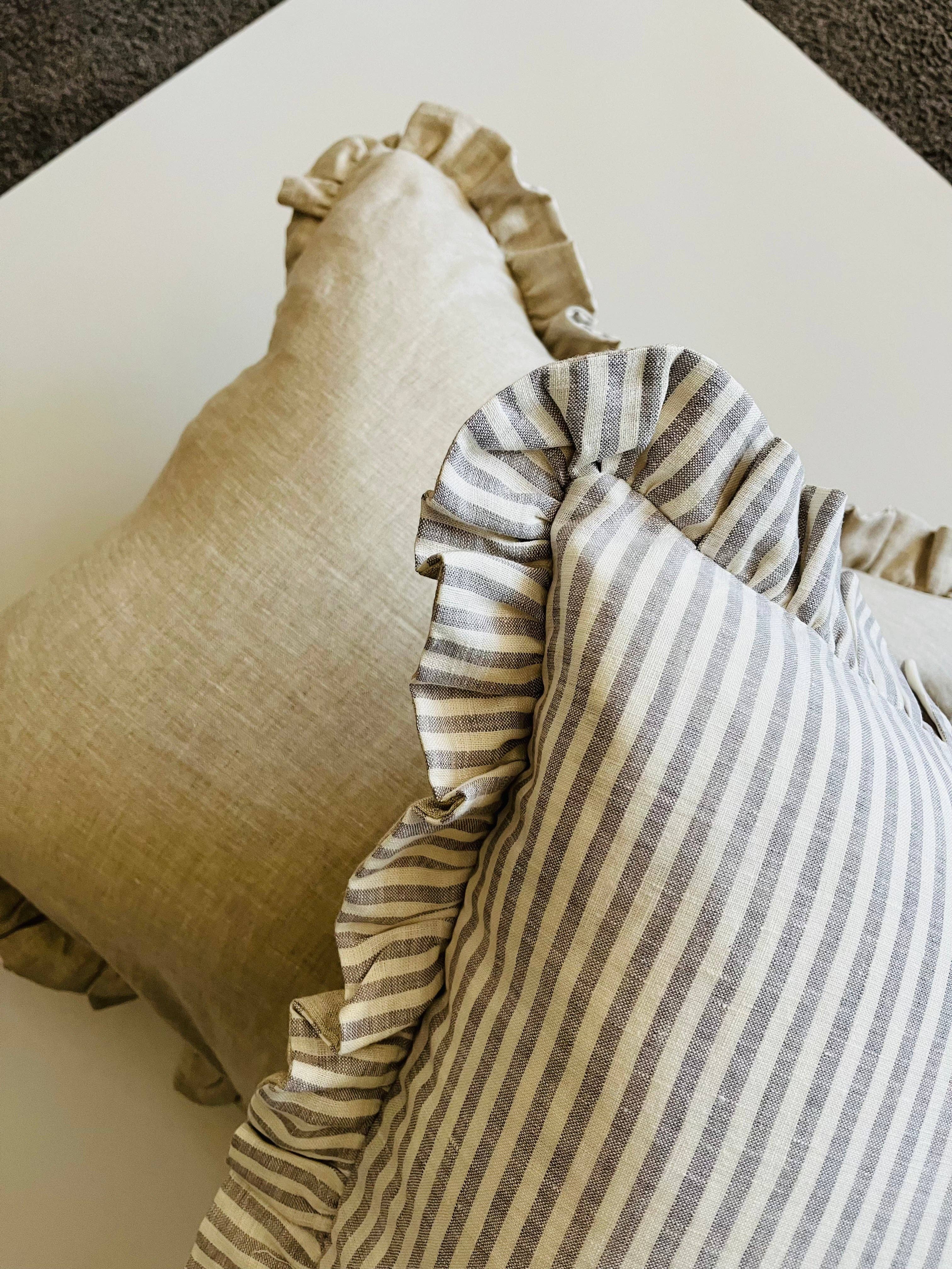 Mama and Tochter - Wholesale Throw Pillow Cover - Pure Linen Reversible Ruffle Cushion Cover - Grey Stripe - Natural0