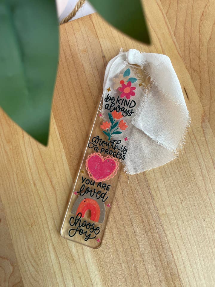 Positive Affirmations Clear Acrylic Bookmark with Chiffon Ribbon for wholesale by DesignedbyKendal