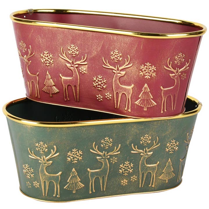 Blomkruka oval 'Deer', röd/grön, metall, 26x13x11cm, 2ass. för wholesale av Dekoratief