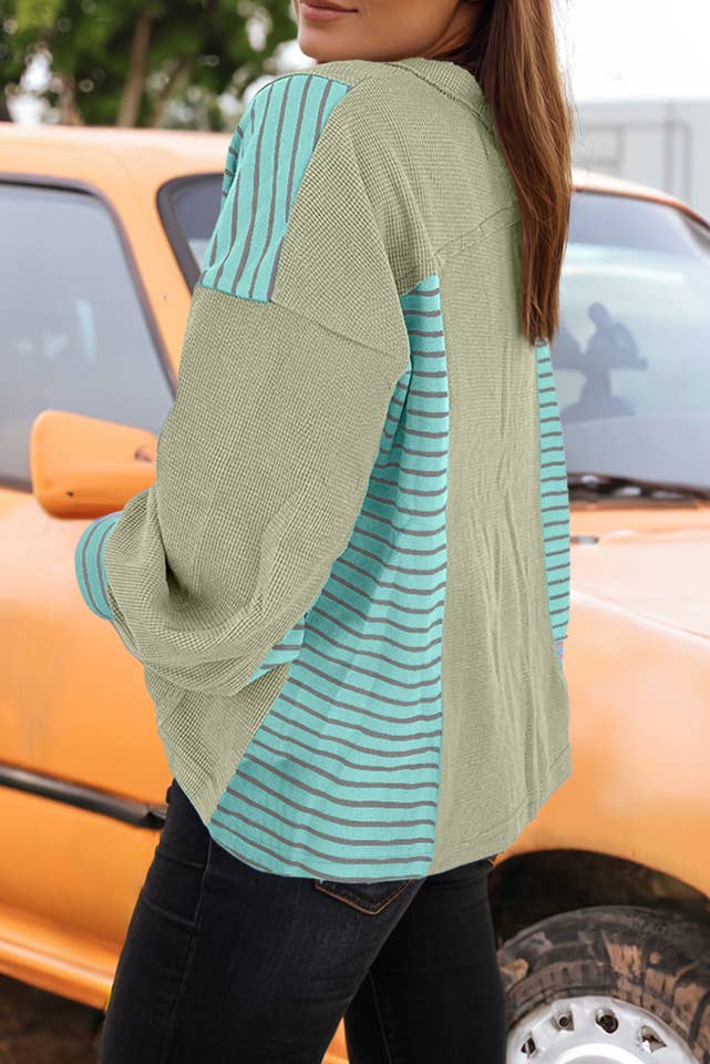 fashionworks - Wholesale Sweatshirt - Women's - Fashion Exposed Seam Waffle Striped Patchwork Baggy Pullover3