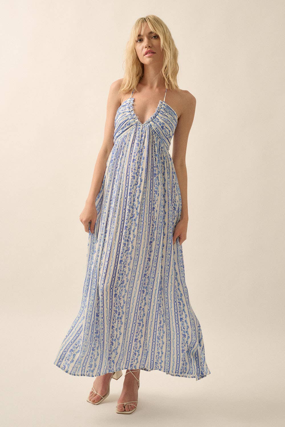 Promesa USA – Engroshandel Kjole - Dame – Blomsterstribet maxi halterkjole med bindebånd6