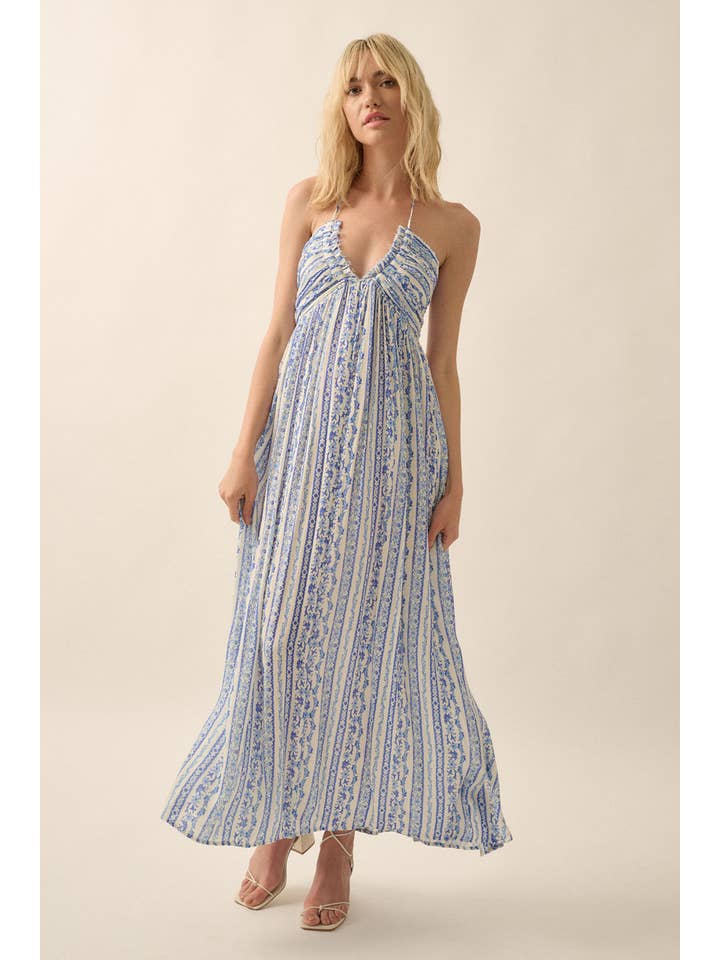 Promesa USA – Engroshandel Kjole - Dame – Blomsterstribet maxi halterkjole med bindebånd6