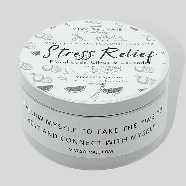 Healing Collection Stress Relief tinnen kaars voor wholesale door Vive Salvaje Aromatherapy