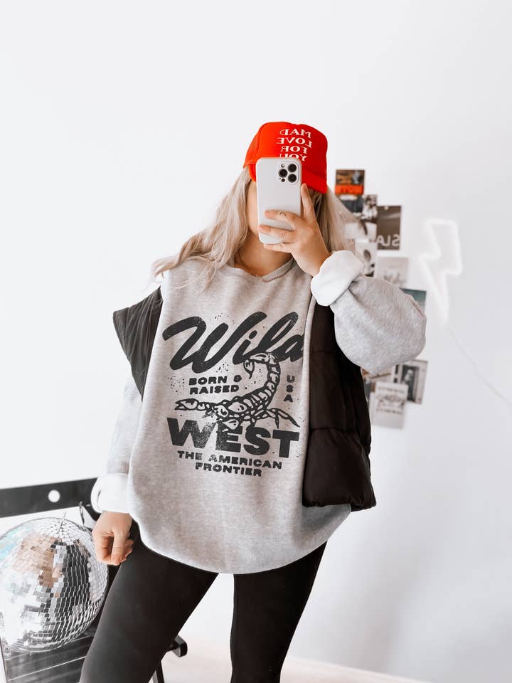 Wild West Vintage Inspired Cowboy Graphic Sweatshirt - Ash for wholesale by WE THE BABES