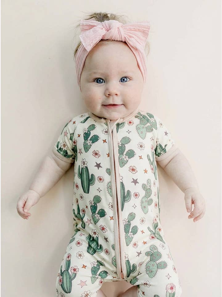 Lucky Panda Kids - Wholesale Jumpsuit - Baby - Baby Bamboo Shorty Romper | Cactus Flowers2