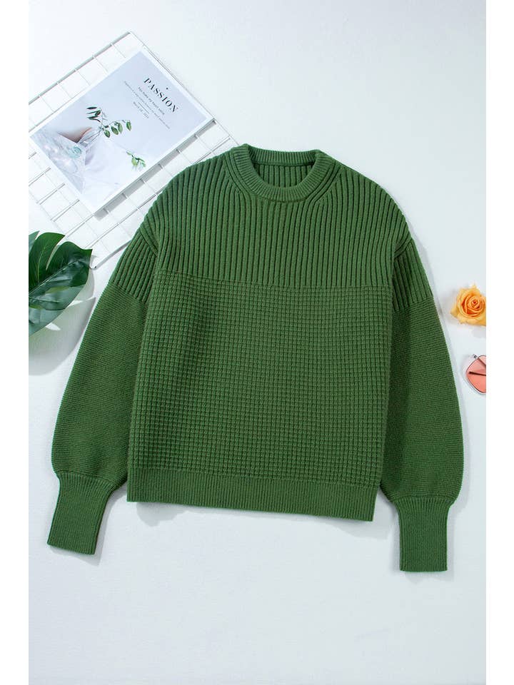 Vineyard Green Solid Textured Knit Crewneck Sweater for wholesale on Faire5