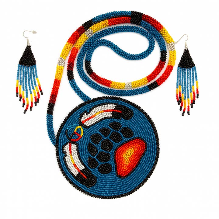 Handmade Beaded Bear Paw Blue Medallion Necklace Set for wholesale by BEADS CORNER