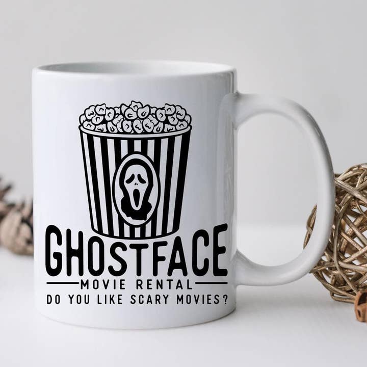 Ghostface Movie Rental Funny Coffee Mug for wholesale by Monroe Meadow Boutique
