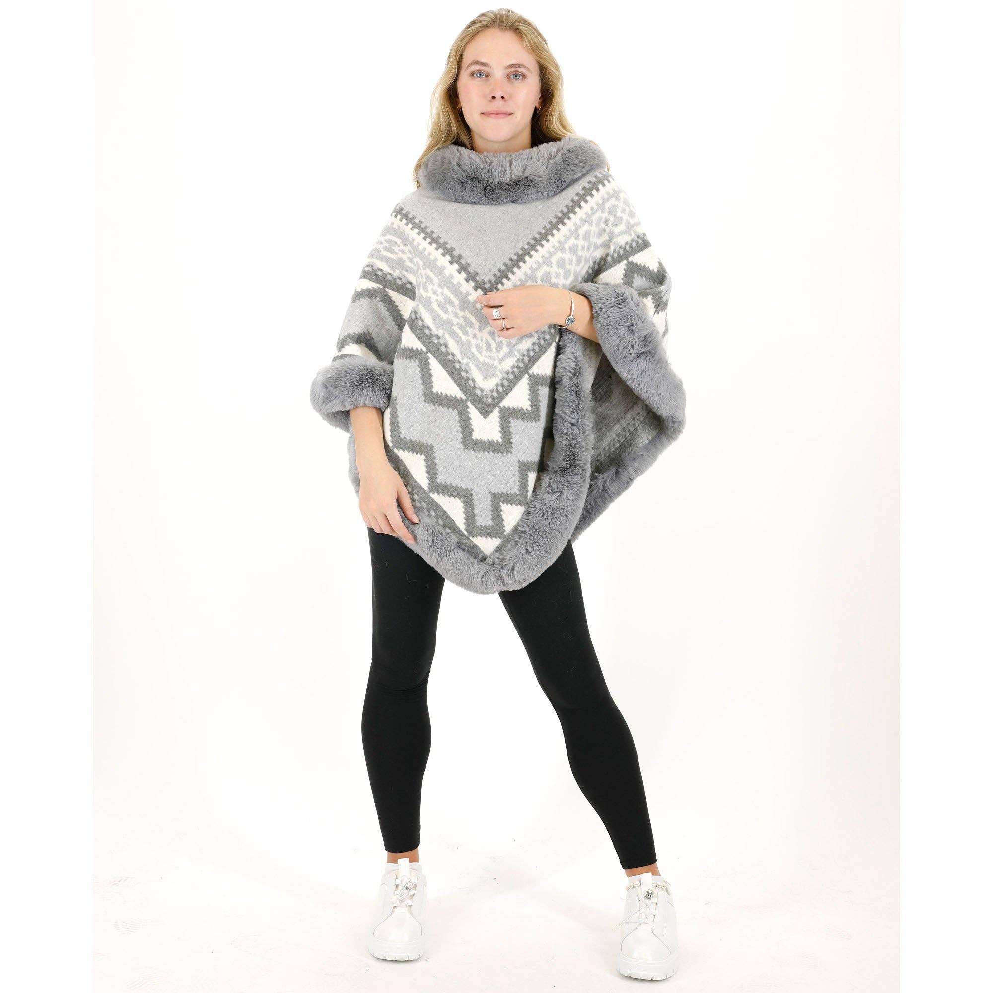 ASSORTED Zig Zag Pattern Faux Fur Poncho P4030 (12PC) for wholesale on Faire12
