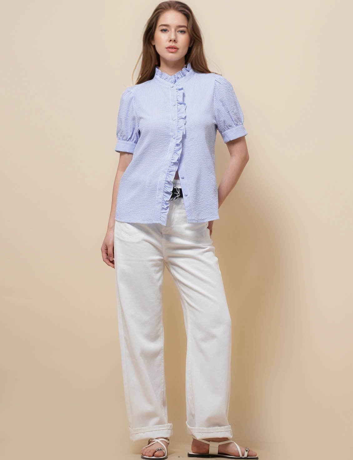 Sweetkama - Vendita all'ingrosso Camicia button down - Donna - Camicia a righe con maniche corte e collo arricciato da donna SKT510877