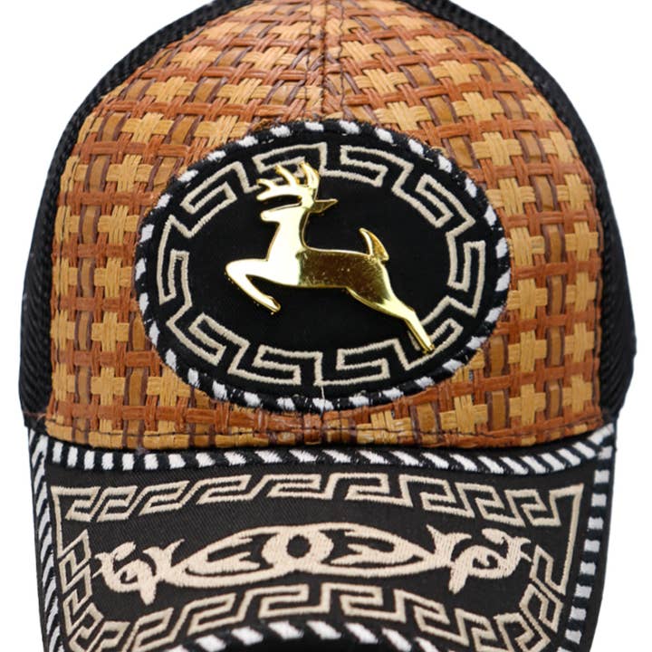 Cap Zone - Wholesale Trucker Hat - Unisex - Deer Gold Emblem Traditional Charra Woven Straw Trucker Hat