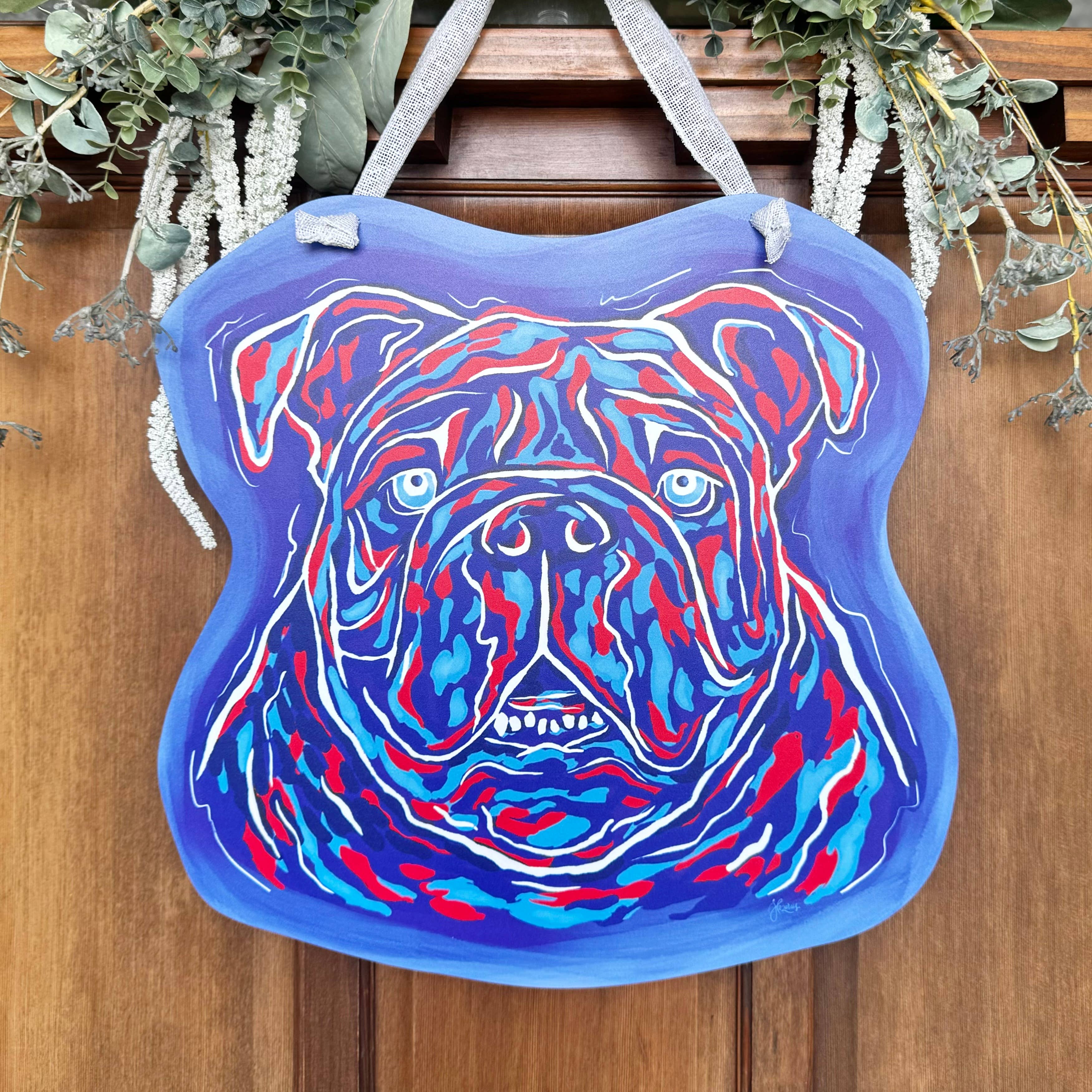 Songbird Grove Collection - Vente Affichette de porte - Crochet de porte en forme de bouledogue rouge et bleu0