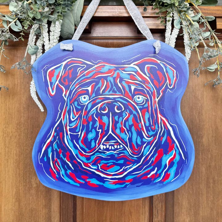 Songbird Grove Collection - Vente Affichette de porte - Crochet de porte en forme de bouledogue rouge et bleu