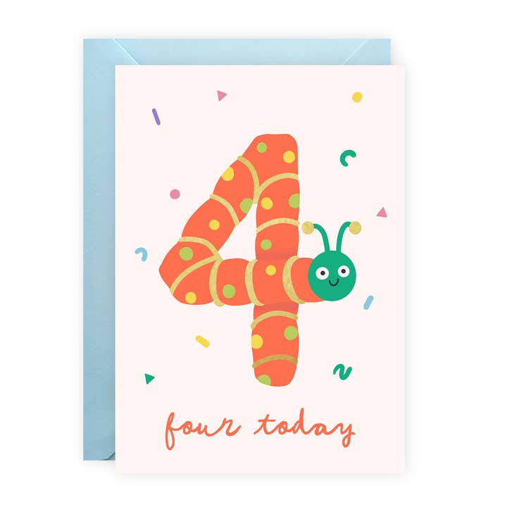 Foiled Unisex Fourth Birthday Card - Age 4 - Caterpillar for wholesale by Painted Parasol Studio
