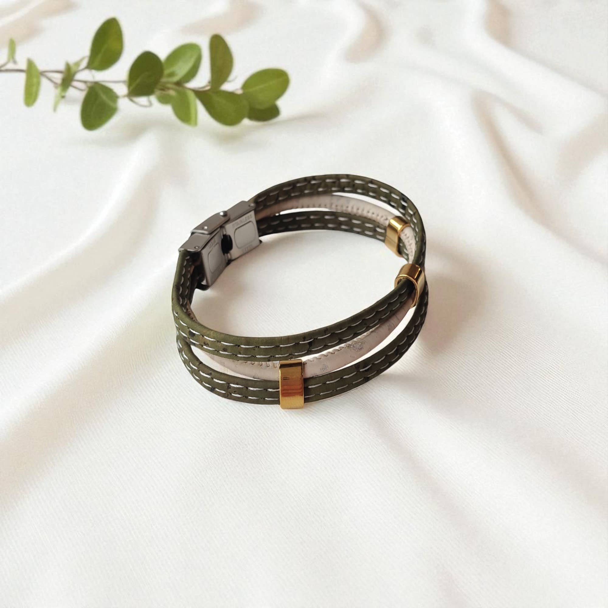 Karmyliege - Wholesale Cuff Bracelet - Khaki and off-white cork bracelet - women3