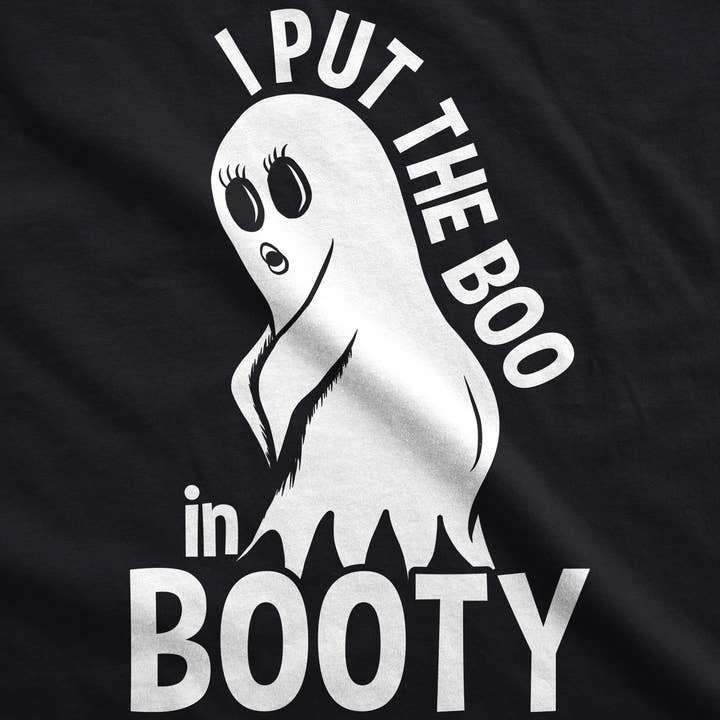 Black I Put The Boo In Booty Women's Tshirt Halloween Graphic Tee for wholesale on Faire