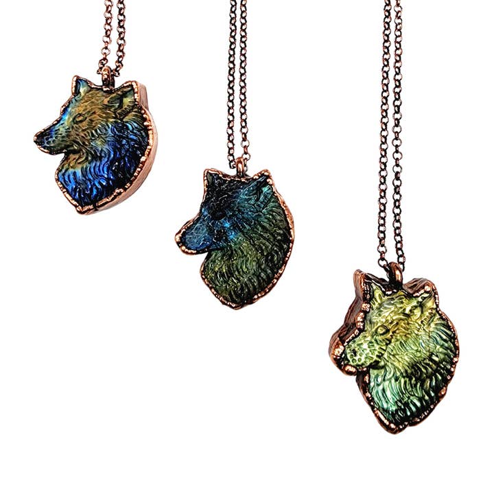 Labradorite Carved Wolf Necklace for wholesale by MergingMetals