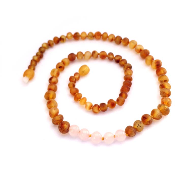 Amber & Gemstone Necklaces - Adult - Raw Honey & Rose Quartz for wholesale by Momma Goose Products, Ltd.