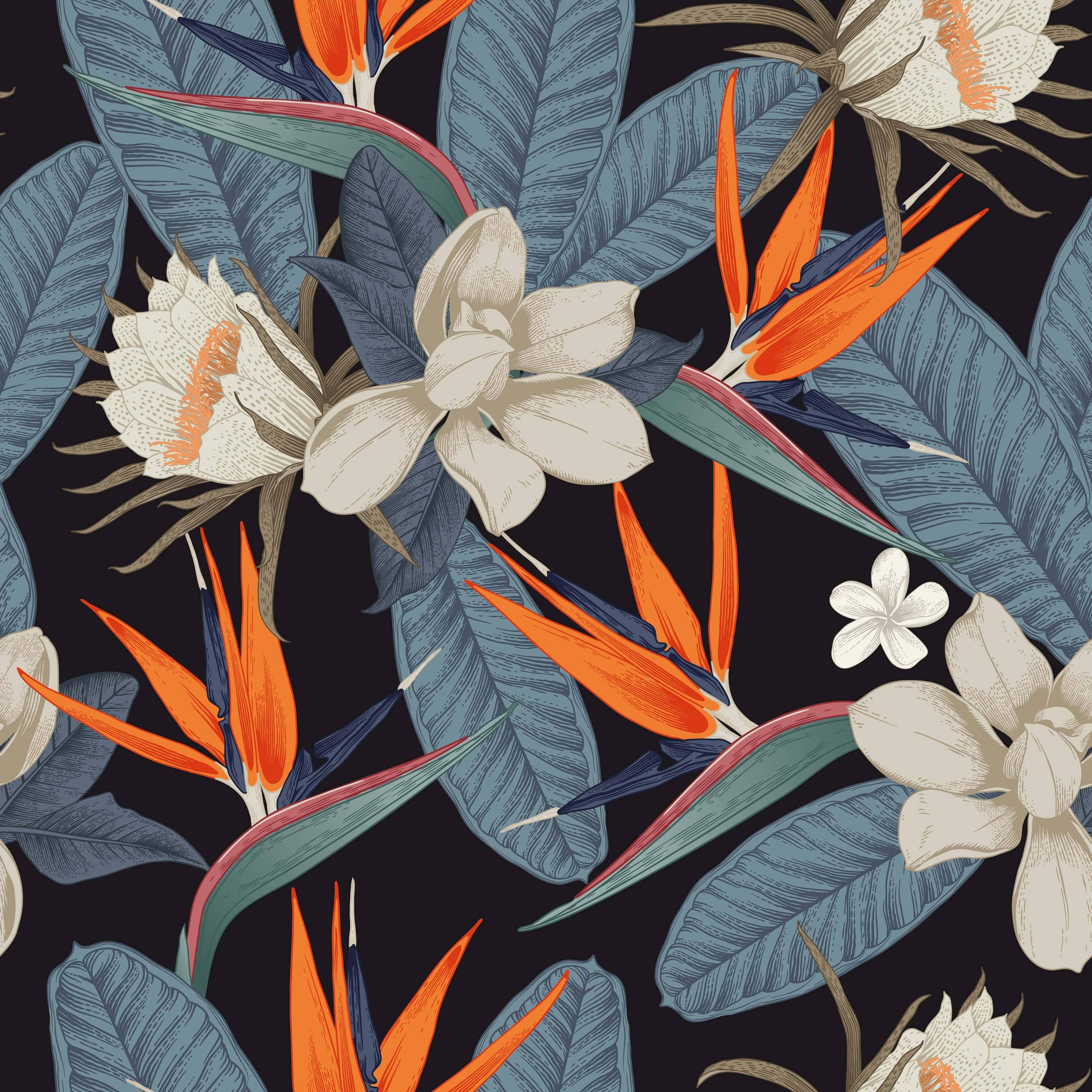 GK Home Decor - Wholesale Wallpaper - Botanical Flowers With Dark Background Modern Leaves Mural1