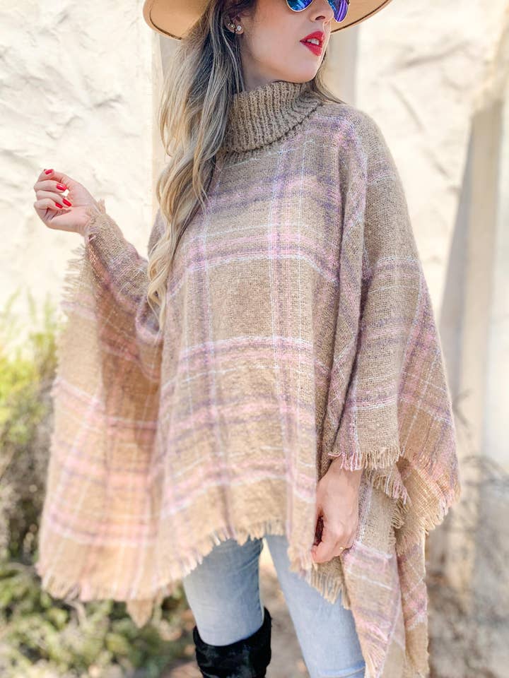Tan Plaid Printed Turtleneck Poncho Knit Top with Fringe for wholesale by AMOLI