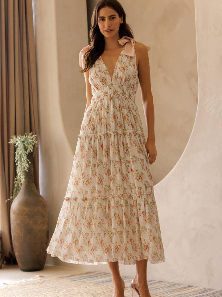 JD4447-20 - FLORAL SHOULDER TIE-STRAP MIDI DRESS for wholesale by STORIA