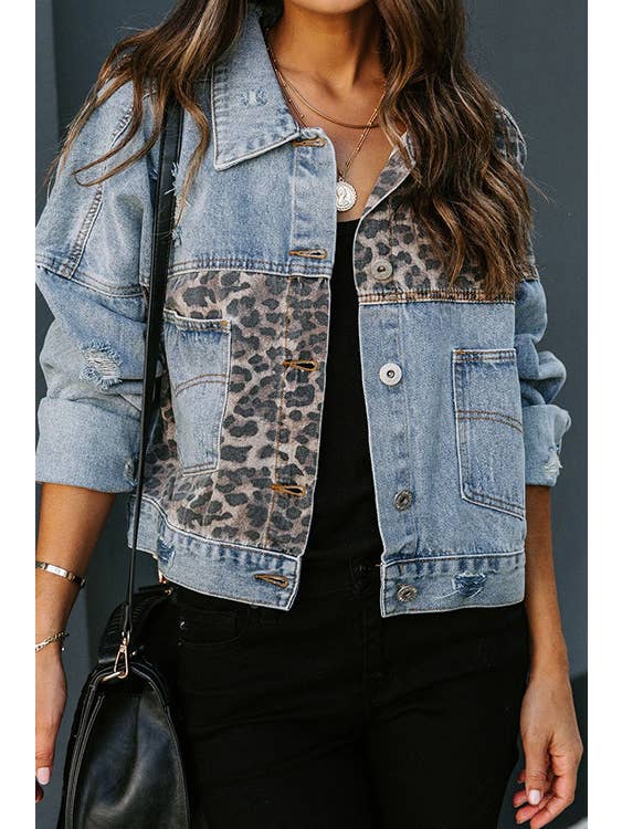 XC1449 Blue Leopard Patchwork Denim Jackets Shacket for wholesale on Faire3