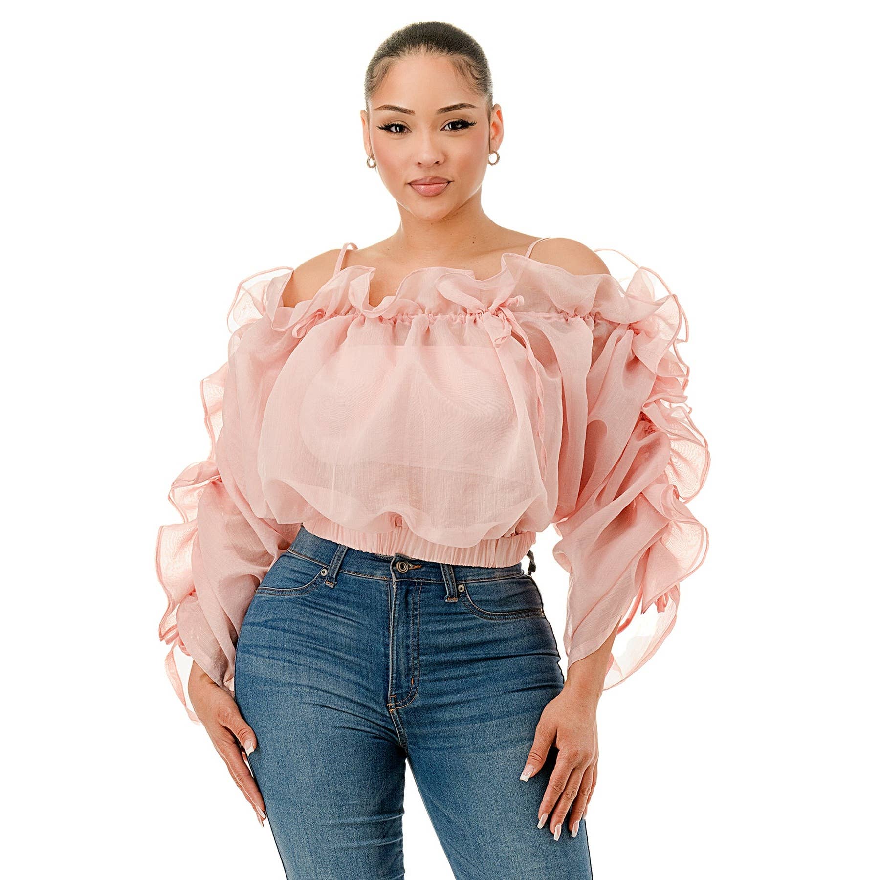 DORCAS - Wholesale Blouse - Women's - Plus Off the Shoulder Long Sleeve Ruffle Sheer Top6