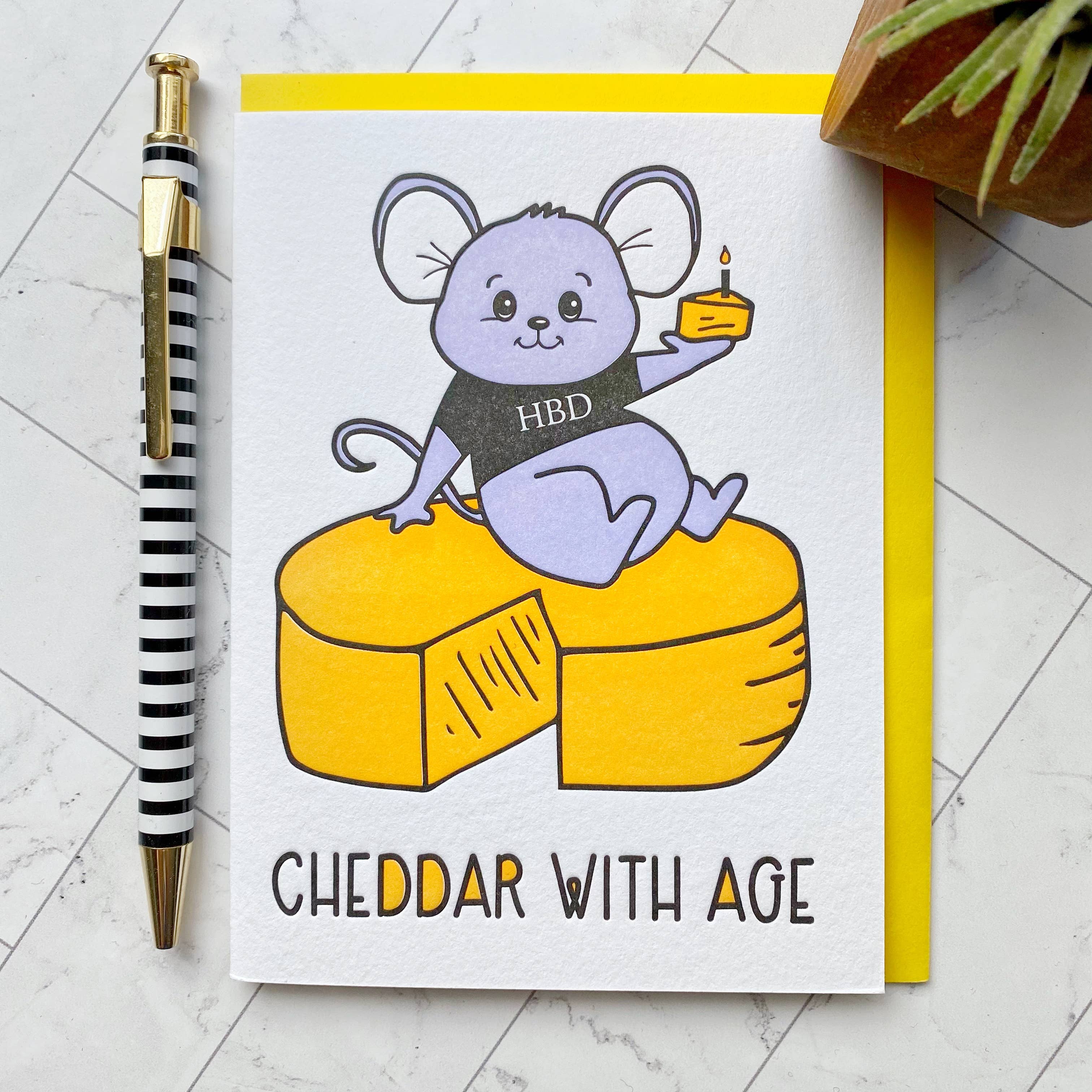 Kiss and Punch - Wholesale Birthday Card - Punny Cheddar with Age Mouse Birthday Letterpress Card1