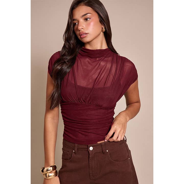 Mesh Slim Fit Patchwork Mock neck Short Sleeve Top for wholesale by Paperdoll