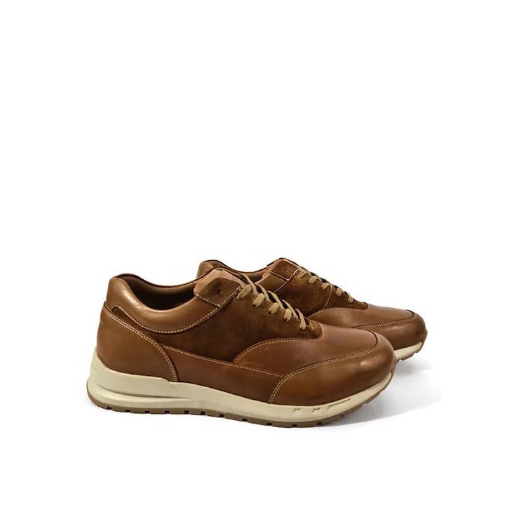 Handcrafted Classic Men's Full-Grain Leather & Suede Trainers in Brown Tan for wholesale by Presence