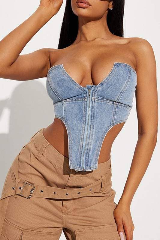BLUE denim bustier top for wholesale on Faire0