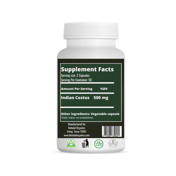 Behalal Organics – Suplemento/vitamina oral por atacado – Qust al Hindi 500 mg (Raiz Indiana de Costus) 100 cápsulas veganas rápidas1