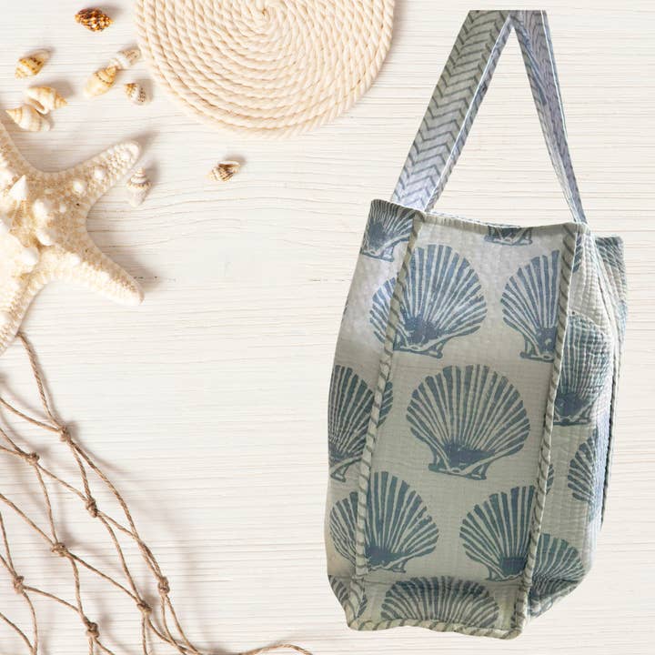 The Indian Bazaar - Wholesale Tote Bag - Women's - Quilted Cotton Reversible Tote Bag - Shell Block Print Gray