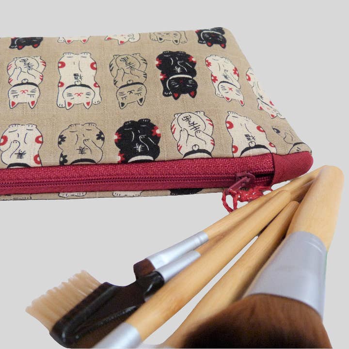 Lucky Cat Make Up Bag with zip fastening. for wholesale by Olganna Ltd