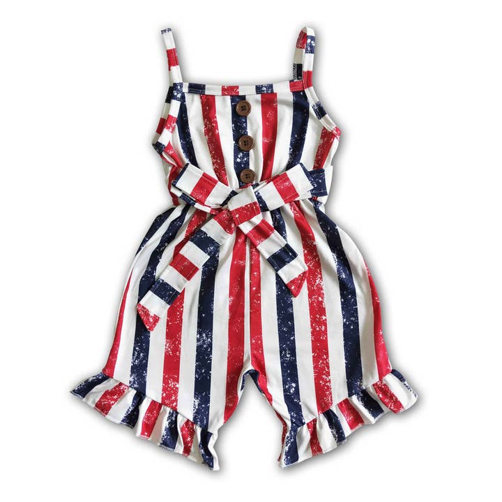 Blue and red stripe girls 4th of july jumpsuit for wholesale by Yawoo Garments