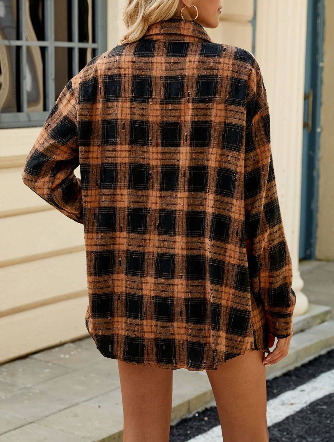 Rosa Clothing - Wholesale Button Down Shirt - Women's - Vintage Long-Sleeved Loose-Lapel Plaid Shirt1