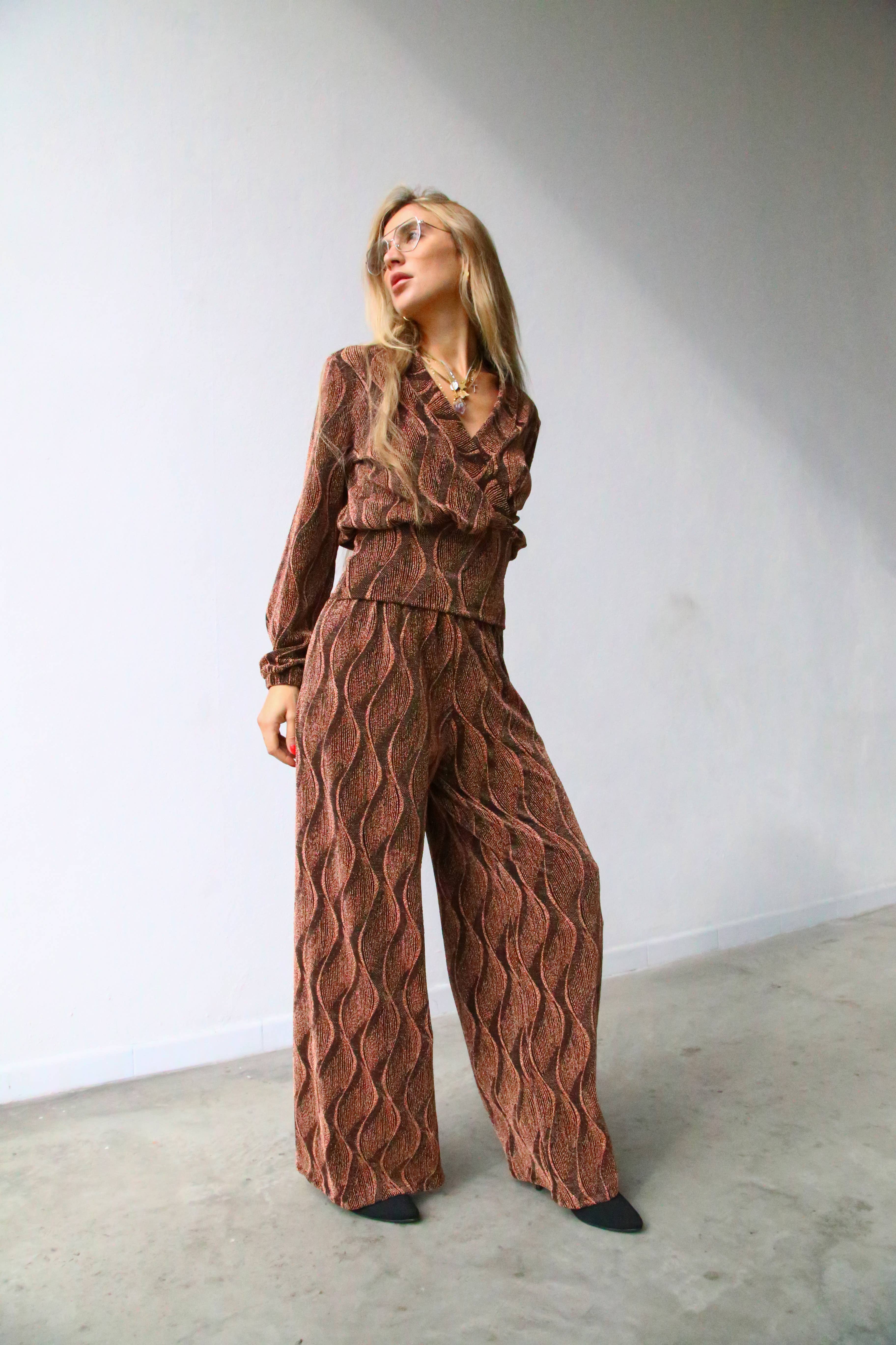 P3052 FLARED LUREX TROUSERS RUST for wholesale on Faire4