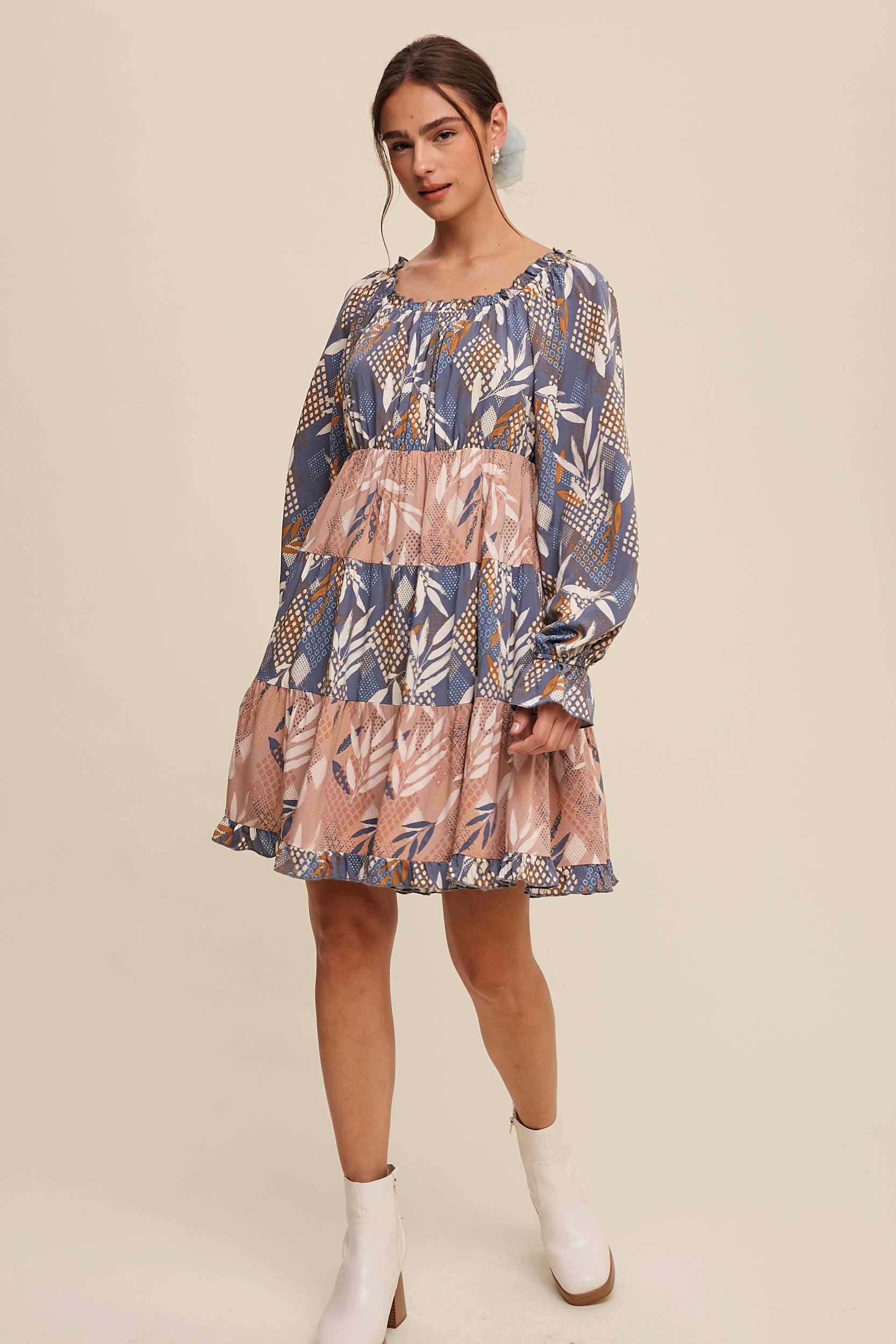 Listicle - Wholesale Dress - Women's - Patchwork Puff-Sleeve Tiered Mini Dress24