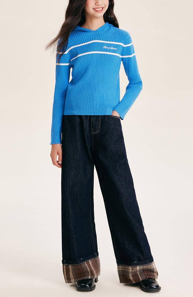 Blu Jeans a zampa casual a quadri per ragazze. in vendita all'ingrosso su Faire11