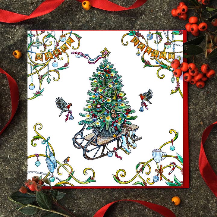 Festive Sledge Christmas Card. Vintage Sleigh Christmas card for wholesale by Wind On Paper