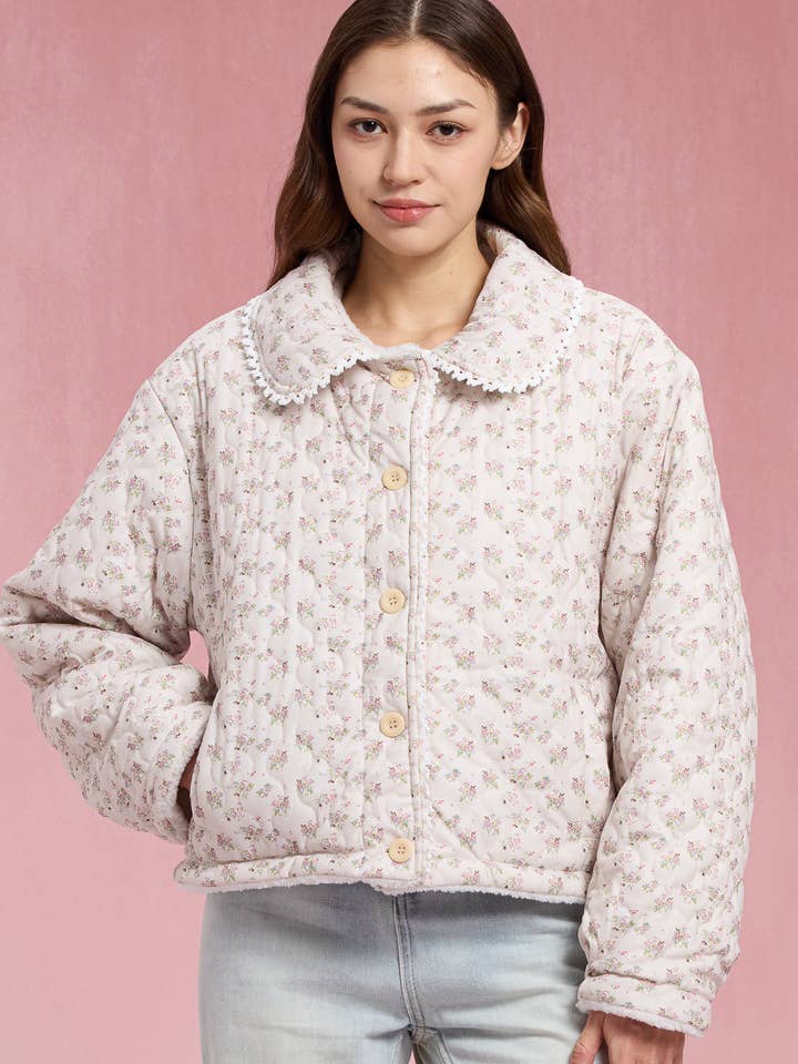 RP2903 - Blommig vadderad jacka med sherpa-foder och spetskant för wholesale av ROSIE POSIE