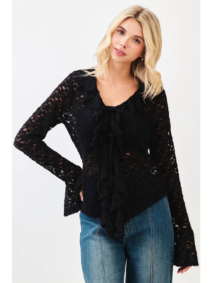 GILET À VOLANTS EN VELOURS AVEC MANCHES CLOCHES EN DENTELLE ET NŒUD DEVANT pour la vente par mittoshop