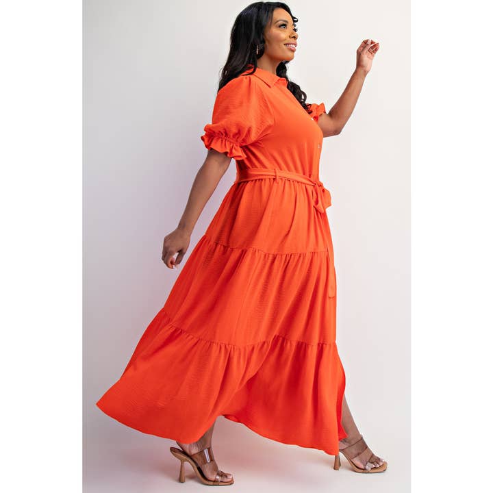 ORANGE CORAL PLUS SIZE BUTTON FRONT MAXI DRESS WITH TIERD HEM for wholesale on Faire1