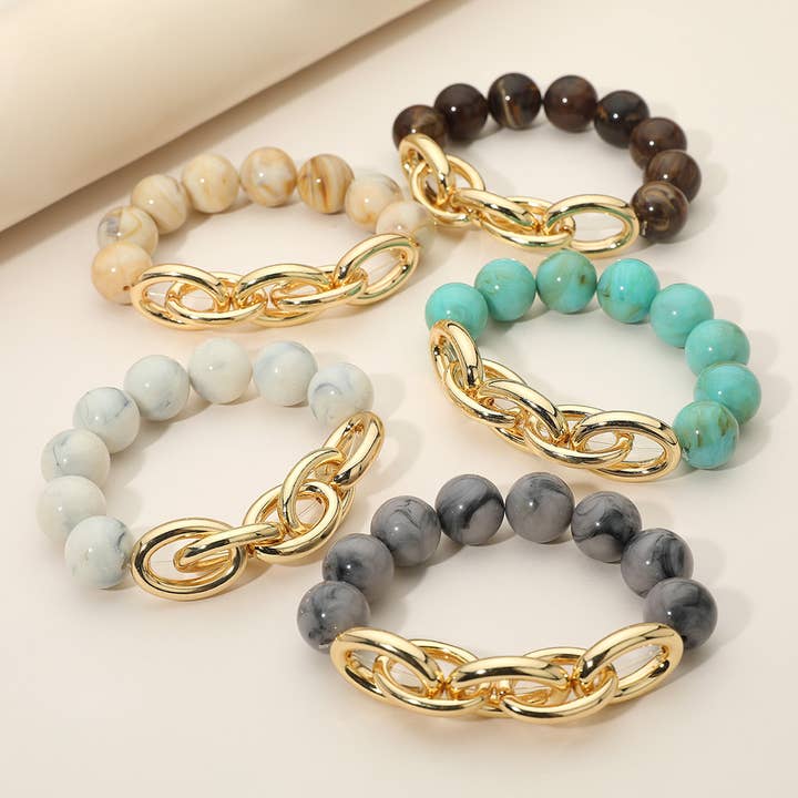Metal Chain Link Accent Marbled Ball Beaded Stretch Bracelet for wholesale by Sensibling Corp.