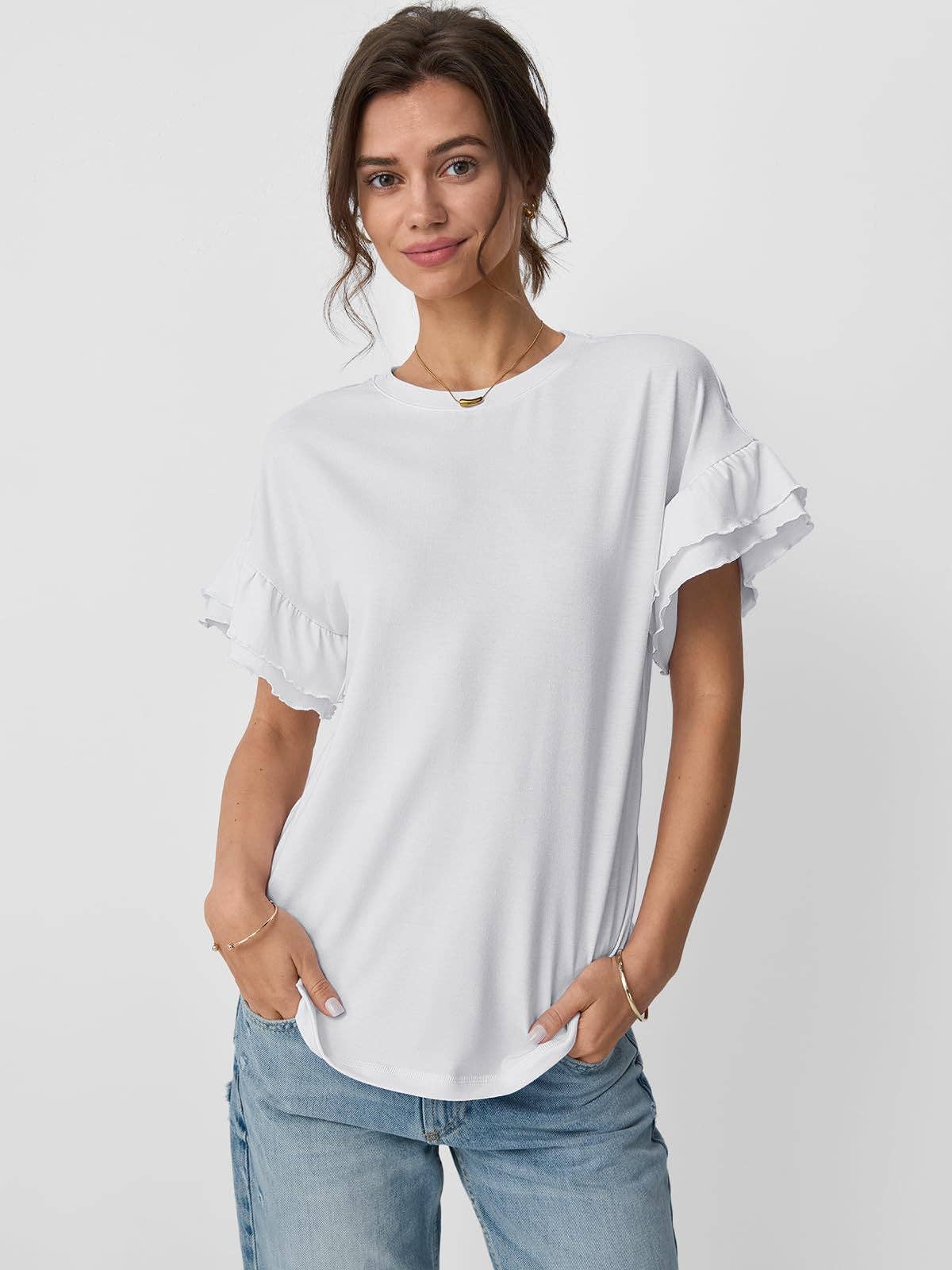 Suhkasana - Vendita all'ingrosso Maglietta - Donna - Maglietta da donna con maniche a volant e scollo tondo – Top estivo casual a tinta unita8