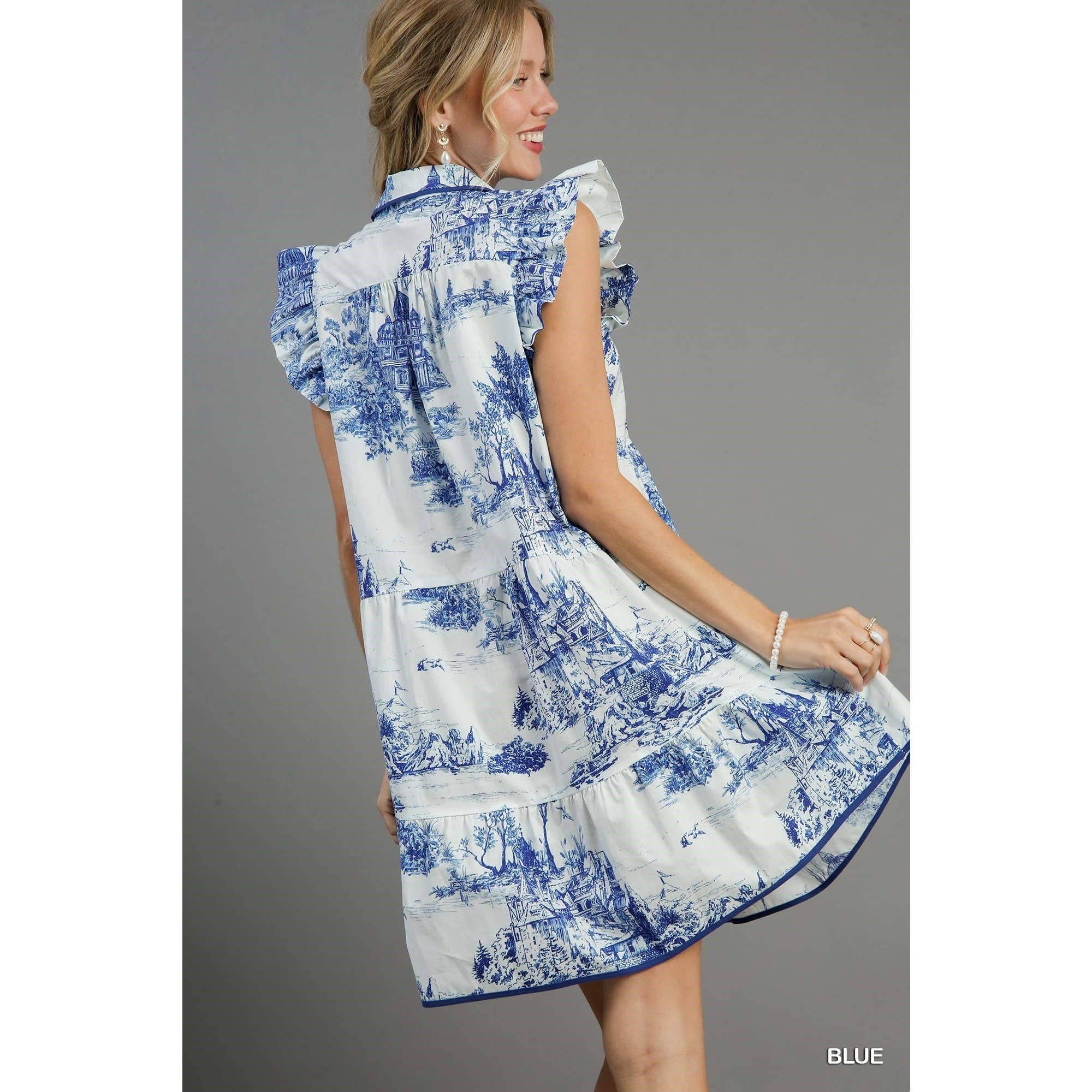 BNS - Vente Robe – femme - Robe à manches volantées à imprimé paysage avec passepoil7