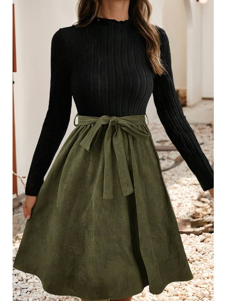 Black LDC Slim Bodice Contrast Flared Skirt Patchwork Belted Dress for wholesale on Faire