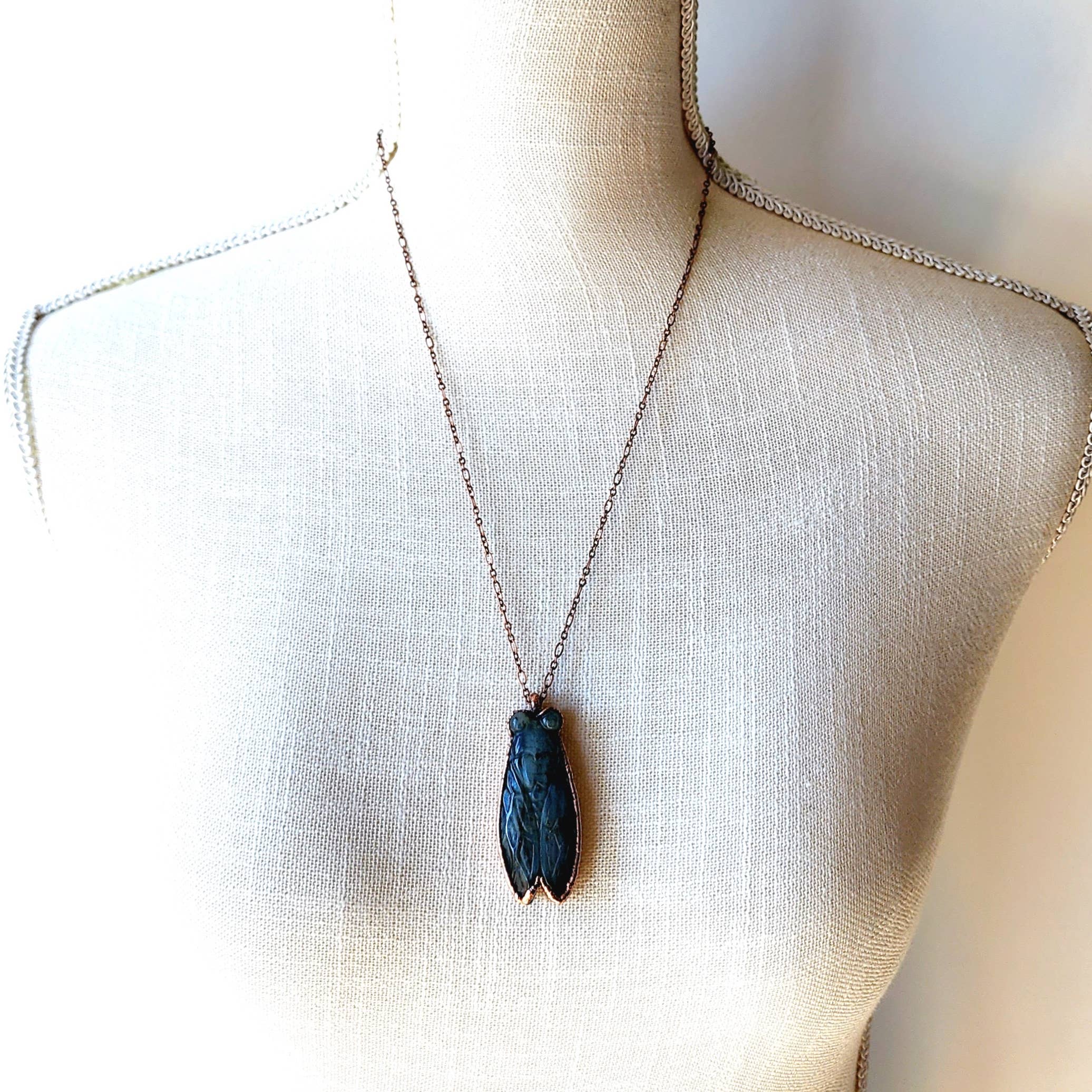 MergingMetals - Wholesale Pendant/Charm Necklace - Carved Labradorite Dark Lyric Cicada Necklace4